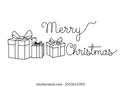 Different forms gift boxes and Merry Christmas text drawn by one line. Isolated. Greeting banner or card. Continuous line drawing art. Vector illustration on white background.