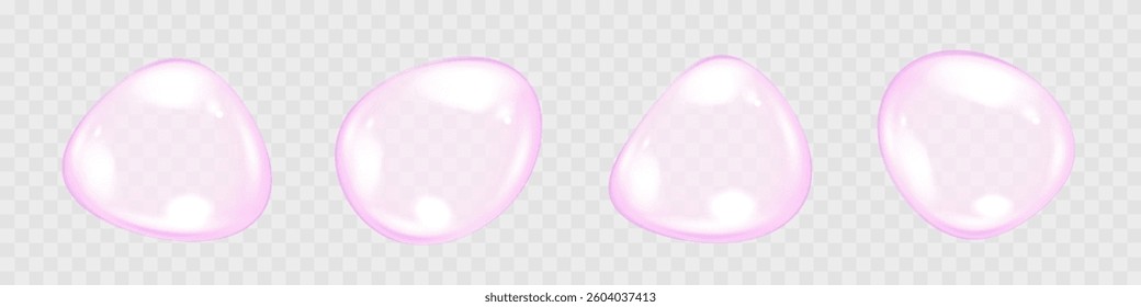 Different forms of hyaluronic acid, realistic serum drops, bubbles on transparent background