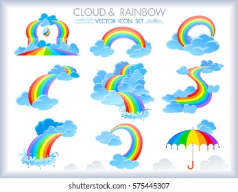 Different forms of rainbow, rainbows of gate, river, road, arch & waterfall. Vector Illustration