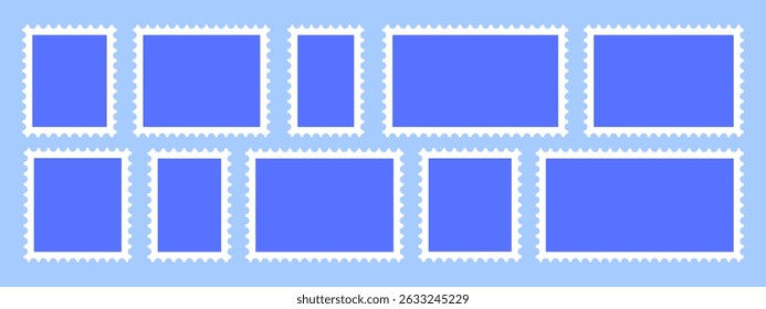 Different forms of vector postage stamps. Collection of rectangle, square empty postcard stamp frames