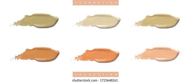 Different foundation smears on white background. Beauty and cosmetics minimalist concept. Cosmetic liquid foundation make up template. Elements for flyer, banner, leaflet