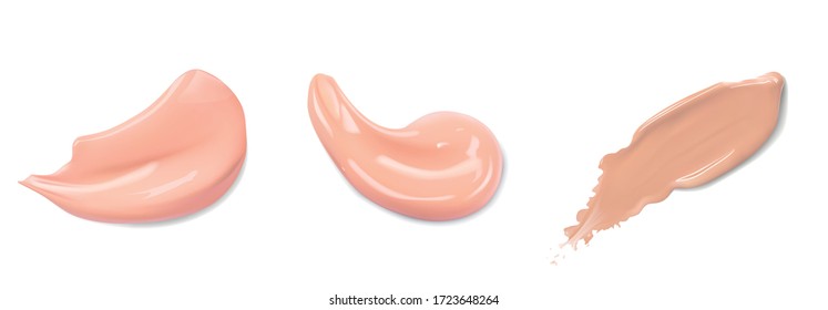 Different foundation smears on white background. Beauty and cosmetics minimalist concept. Cosmetic liquid foundation make up template. Elements for flyer, banner, leaflet