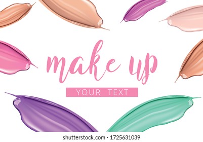 Different foundation smears on white background. Beauty and cosmetics minimalist concept. Cosmetic liquid foundation make up template. Elements for flyer, banner, leaflet