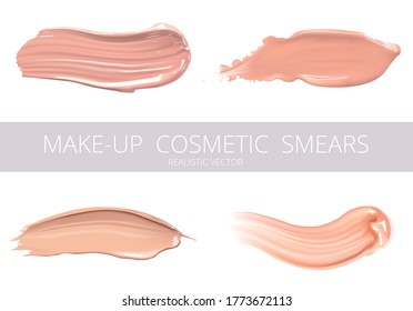 Different foundation smears on white background. Beauty and cosmetics minimalist concept. Cosmetic liquid foundation make up template. Elements for flyer, banner, leaflet