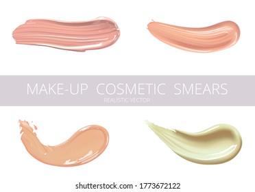 Different foundation smears on white background. Beauty and cosmetics minimalist concept. Cosmetic liquid foundation make up template. Elements for flyer, banner, leaflet