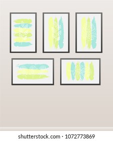 Different framed paintings hanging on the wall as decorative objects.