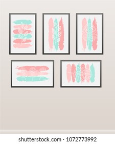 Different framed paintings hanging on the wall as decorative objects.
