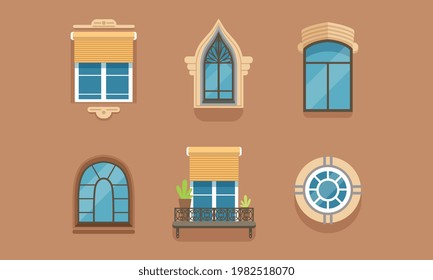 Different Framed Windows on Wall as Building Exterior Element Vector Set