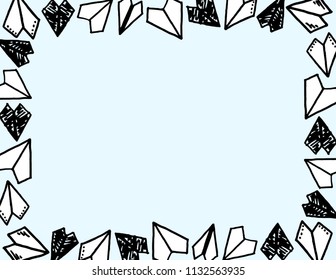 Different freehand drawn cartoon black  paper planes with tracks of different shapes made in kid childish style on light blue background. Decorative rectangular frame. Vector illustration. 