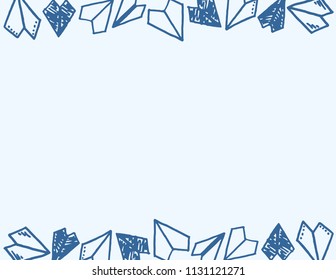 
Different freehand drawn cartoon blue paper planes with tracks of different shapes made in kid childish style on blue background. Decorative rectangular frame. Vector illustration. 