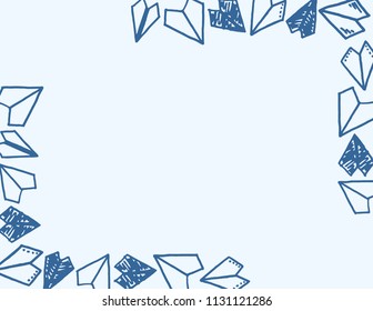 
Different freehand drawn cartoon blue paper planes with tracks of different shapes made in kid childish style on blue background. Decorative rectangular frame. Vector illustration. 
