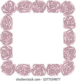 Different freehand drawn cartoon buds of pink roses with shadows. Flowers. Floral elements. Decorative square frame. Vector illustration. 