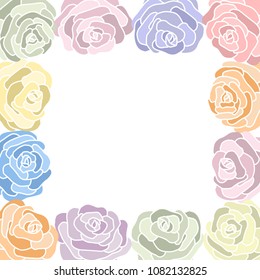 Different freehand drawn cartoon buds of roses of different colors without countors. Flowers. Floral elements. Decorative square frame. Vector illustration. 