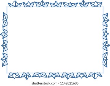 Different freehand drawn cartoon paper ships of different shapes made in kid childish style. Decorative rectangular frame. Vector illustration. 