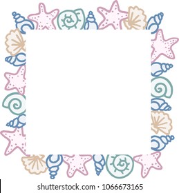 Different freehand drawn cartoon sea ocean starfishes river shells of different colors shapes made in kid childish style. Marine oceanic water objects. Decorative square frame. Vector illustration. 