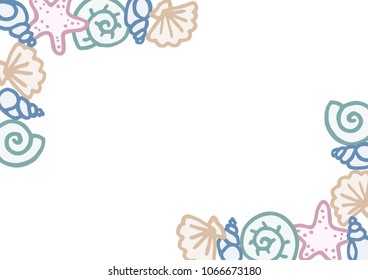 Different freehand drawn cartoon sea ocean starfishes river shells of different colors shapes in kid childish style. Marine oceanic water objects. Decorative rectangular frame. Vector illustration. 