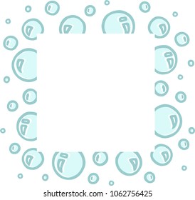 Different freehand drawn cartoon soap shampoo bath burst bubbles of different sizes with special volume effect made in kid childish style. Decorative square frame. Vector illustration. 
