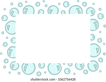 Different freehand drawn cartoon soap shampoo bath burst bubbles of different sizes with special volume effect made in kid childish style. Decorative rectangular frame. Vector illustration. 