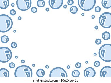 Different freehand drawn cartoon soap shampoo bath burst bubbles of different sizes with special volume effect made in kid childish style. Decorative rectangular frame. Vector illustration. 