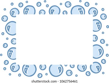 Different freehand drawn cartoon soap shampoo bath burst bubbles of different sizes with special volume effect made in kid childish style. Decorative rectangular frame. Vector illustration. 