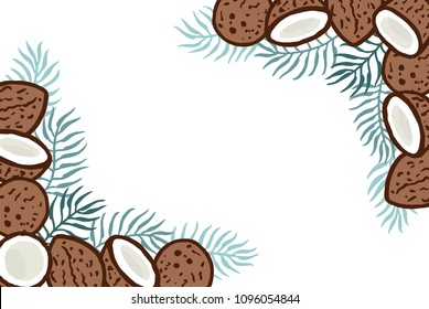 Different freehand drawn cartoon wild tropical cocos coconuts with cyan green palm tree leaves of different shapes made in kid childish style. Decorative rectangular frame. Vector illustration.