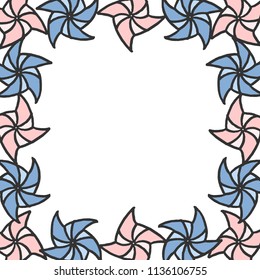 Different freehand drawn cartoon windmills of different shapes made in kid childish style. Decorative square frame. Vector illustration. 