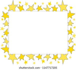 Different freehand drawn simple cartoon yellow golden stars made in kid childish style. Decorative rectangular frame. Vector illustration. 
