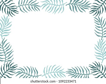 Different freehand drawn wild tropical cyan green palm tree leaves. Floral objects. Decorative rectangular frame. Vector illustration. 