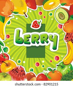 Different fresh Fruit and vegetable frame. Detailed vector illustration with juicy Fruit. Abstract Elegance food background.
