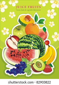 Different fresh Fruit and vegetable frame. Detailed vector illustration with juicy Fruit. Abstract Elegance food background.