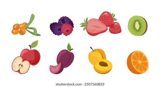 Different fresh ripe organic natural fruits and berries cartoon set isolated on white background