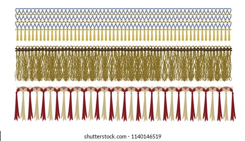 Different fridge textures set, vector illustration. Fashion Design Elements. Border with Tassel and Yarn Trim 