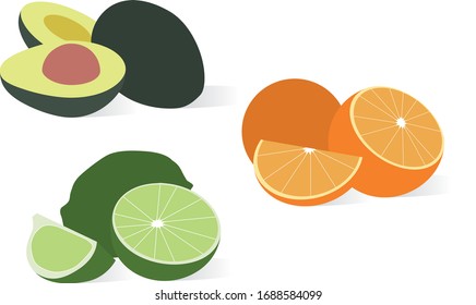 Verschiedenes Obst. Avocado, Orange, Zitrone. Vektorillustration