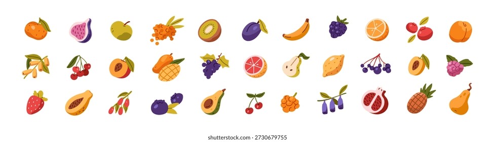 Verschiedene Früchte und Beeren eingestellt. Frische tropische Lebensmittel: Avocado-Hälften, Pfirsich, Orange. Verschiedene Bio-Kulturen des Gartens. Exotisches Essen. Flache, einzelne Vektorgrafiken auf weißem Hintergrund