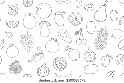 Different fruit, hand-drawn. Contour drawing isolated on a white background. Seamless pattern. Whole and chopped fruits. Background for paper, gift wrap, textile,  interior decor.