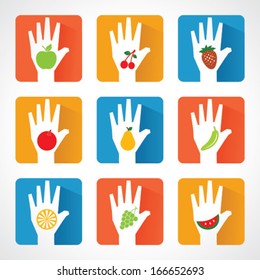 Different fruit icons and design with helping hand stock vector