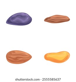 Different fruit icons set cartoon vector. Delicious dried fruit and nut. Natural organic food