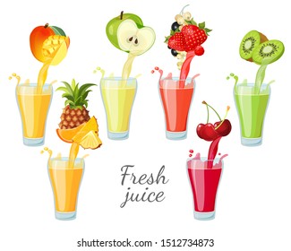 Different fruit juices in glasses with splashes. Mango, pineapple, apple, strawberry, currant, cherry, kiwi. Vector