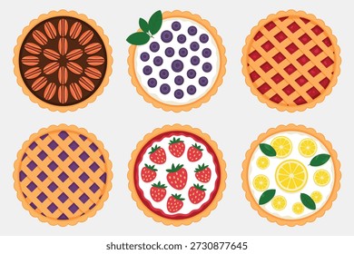Diferentes tartas de frutas y nueces dispuestas en filas en un fondo gris claro arándano de la baya