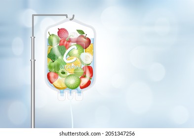 Different fruit vegetable inside saline bag. Food rich in vitamin C. IV Drip Vitamin infusion therapy. Natural products containing vitamins, dietary fiber and minerals healthy. Realistic 3D vector.