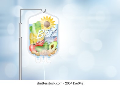 Different fruit vegetable inside saline bag. Food rich in vitamin B2. IV Drip Vitamin infusion therapy. Natural products containing vitamins, dietary fiber and minerals healthy. Realistic 3D vector.