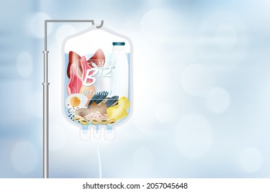 Different fruit vegetable inside saline bag. Food rich in vitamin B12. IV Drip Vitamin infusion therapy. Natural products containing vitamins, dietary fiber and minerals healthy. Realistic 3D vector.