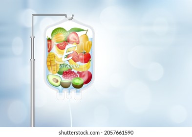 Different fruit vegetable inside saline bag. Food rich in vitamin B2. IV Drip Vitamin infusion therapy. Natural products containing vitamins, dietary fiber and minerals healthy. Realistic 3D vector.