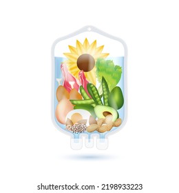 Diferentes verduras de fruta dentro de una bolsa salina rica en vitaminas. IV goteo de productos naturales que contienen fibra dietética y minerales saludables. EPS10 vector 3D realista.