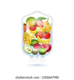 Different fruit vegetable inside saline bag rich in vitamins. IV drip natural products containing dietary fiber and minerals healthy. Realistic 3D vector EPS10.