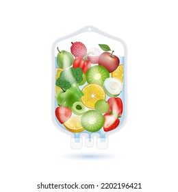 Different fruit vegetable inside saline bag rich in vitamins. IV drip natural products containing dietary fiber and minerals healthy. Realistic 3D vector EPS10.