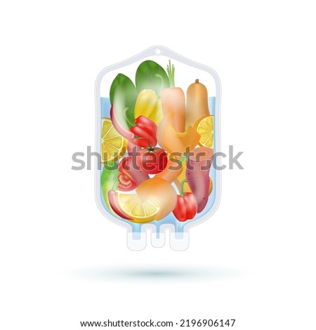 Different fruit vegetable inside saline bag rich in vitamins. IV drip natural products containing dietary fiber and minerals healthy. Realistic 3D vector EPS10.