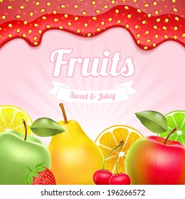 Different fruits background - apple, cherry, pear and citruses. Strawberry jam border on top.
