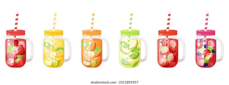 Different fruits and berries cold drinks in a glass jar with cap and straw. Soft drinks vector illustration.