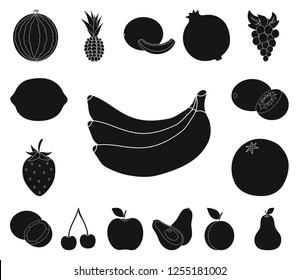 Different fruits black icons in set collection for design. Fruits and vitamins vector symbol stock web illustration.